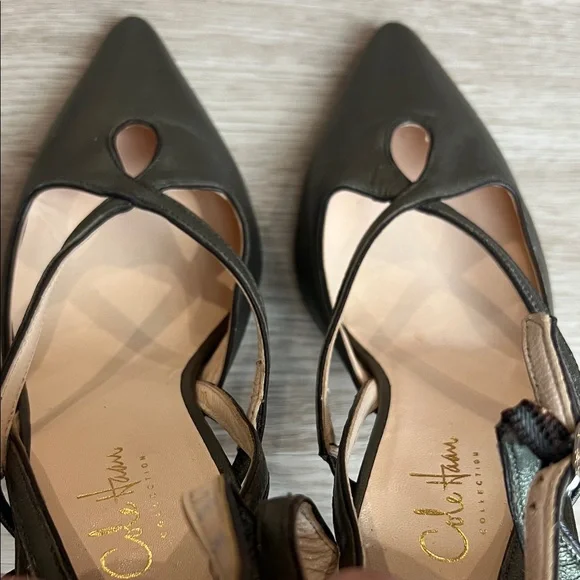 Cole Haan Collection Pointed Toe Strappy Pumps in Metallic Olive Green Leather - Picture 12 of 16